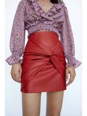 Red Faux Leather Twist Front Mini Skirt Ruched Bodycon NWT XS
